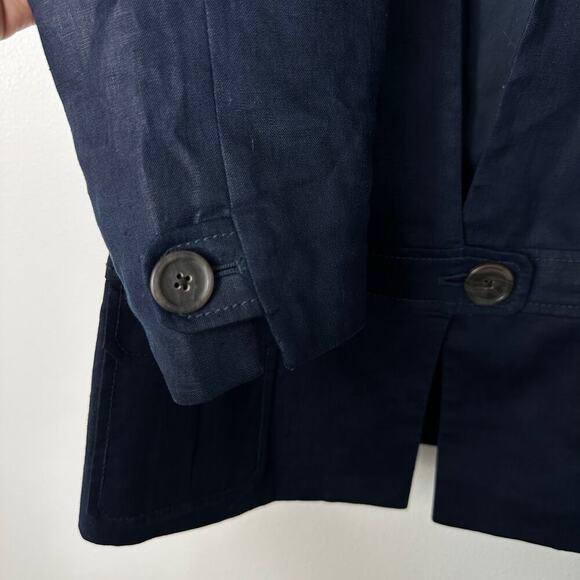J.Crew Linen Blazer One Button Crop 3/4 Sleeves Collarless Coastal Navy Blue 6 - Picture 5 of 9